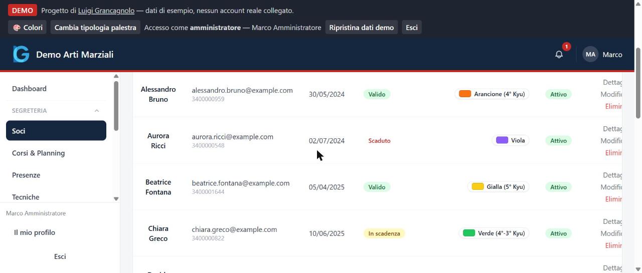 Elenco soci del gestionale PWA con grado/cintura assegnato